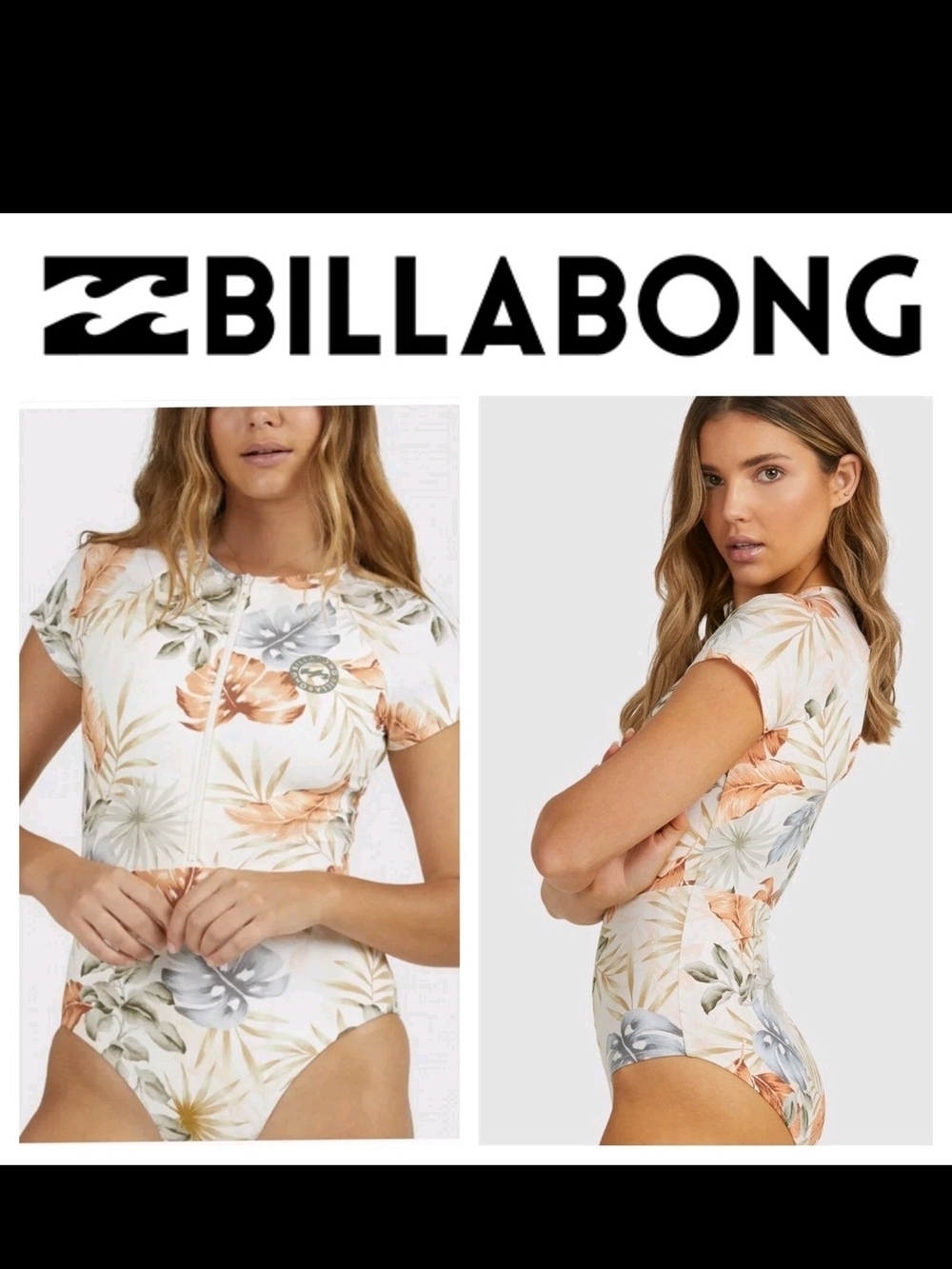 Billabong Cream White Short-Sleeve Front Zip One-Piece